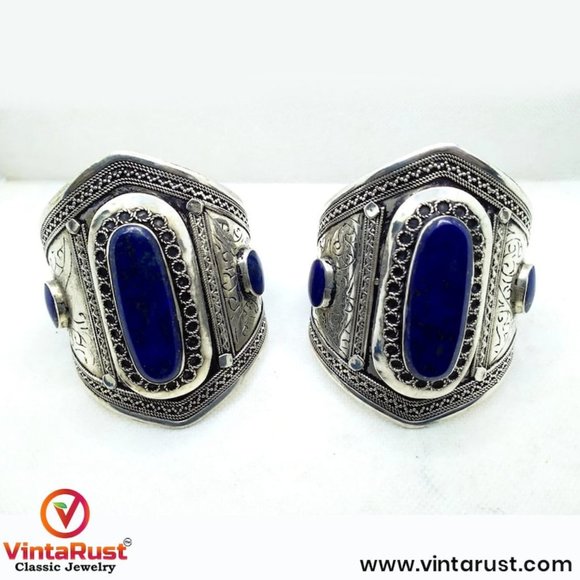 single Lapis Lazuli Stone Cuff Bracelet, Vintage Cuff Bracelet, Boho Cuff - Picture 1 of 3